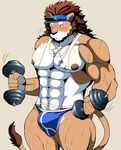  abs anthro bearlovestiger13 biceps clothing dumbbell feline fur hair himitsuri_no_lagoon kemono lion male mammal muscular muscular_male nipples pecs rai_(character) shirt tank_top underwear weights 