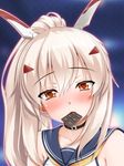  aura ayanami_(azur_lane) azur_lane bare_shoulders black_choker blue_background blue_sailor_collar blush chocolate chocolate_bar choker close-up collarbone eyebrows_visible_through_hair gradient gradient_background half-closed_eyes headgear highres lips long_hair looking_at_viewer mouth_hold neckerchief orange_eyes sailor_collar school_uniform serafuku shiny shiny_hair shirt side_ponytail sleeveless sleeveless_shirt solo tareme toranoo white_shirt yellow_neckwear 