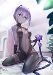  backless_outfit bangs bare_shoulders black_gloves black_hairband black_legwear blush breasts center_opening dark_skin eyebrows_visible_through_hair fate/grand_order fate/prototype fate/prototype:_fragments_of_blue_and_silver fate_(series) fingerless_gloves gloves hair_between_eyes hairband hassan_of_serenity_(fate) highres indoors kachayori knife looking_at_viewer medium_breasts navel on_bed purple_eyes purple_hair short_hair sitting solo throwing_knife wariza weapon 