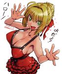  1girl ahoge amania_orz blonde_hair braid breasts cleavage collarbone dated dress fate/extra fate_(series) frilled_dress frills green_eyes hair_bun hair_ribbon large_breasts modern_costume_of_crimson nero_claudius_(fate) nero_claudius_(fate)_(all) red_dress ribbon short_hair smile solo translated twitter_username 