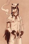  2009 anthro belt biped brown_background callanish cigarette clothed clothing digital_media_(artwork) equine front_view hair horse long_hair looking_at_viewer male mammal monochrome nipples open_pants pants penis portrait sepia simple_background smoke smoking snout solo standing three-quarter_portrait 