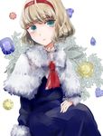  alice_margatroid blonde_hair blue_eyes bow capelet dress fur_collar fur_trim gem hair_bow hairband looking_at_viewer neckerchief poteimo_(poteimo622) short_hair solo touhou white_capelet 