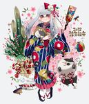  2018 animal animal_costume ball bamboo basket chinese_zodiac closed_mouth dog_costume domino_mask earrings floral_print flower full_body grey_background grey_hair hagoita hair_flower hair_ornament hanetsuki happy_new_year holding holding_animal inkling jajji-kun_(splatoon) japanese_clothes jewelry kadomatsu kimono kojajji-kun_(splatoon) long_hair looking_at_viewer mask mimimi_(echonolog) mole mole_under_mouth multicolored multicolored_clothes multicolored_kimono new_year paddle pointy_ears print_kimono red_eyes sandals smile solo spinning_top splatoon_(series) splatoon_2 squid standing tabi temari_ball tentacle_hair white_legwear year_of_the_dog 