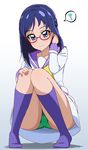  ? acchi_(koiyimknp) bespectacled blue_eyes blue_hair blush braid dokidoki!_precure french_braid full_body glasses gradient gradient_background green_panties grey_background hand_in_hair hand_on_own_knee highres hishikawa_rikka kneehighs knees_together_feet_apart long_hair long_sleeves looking_at_viewer no_shoes panties pantyshot pantyshot_(squatting) precure purple_legwear purple_sailor_collar red-framed_eyewear sailor_collar school_uniform serafuku shirt skirt solo speech_bubble spoken_question_mark squatting underwear white_background white_shirt white_skirt 