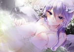  anemone_(flower_knight_girl) blue_eyes breasts bunny_hair_ornament closed_mouth flower flower_knight_girl hair_ornament hairclip knees_to_chest large_breasts long_hair looking_at_viewer nude onsen partially_submerged purple_hair rock signature smile solo towel towel_on_head uehara_(higanbachi) water 