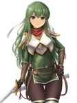  armor ass_visible_through_thighs bangs belt breastplate brown_legwear closed_mouth covered_navel cowboy_shot elbow_gloves eyebrows_visible_through_hair fire_emblem fire_emblem:_monshou_no_nazo gloves green_eyes green_hair hand_on_hip headband highres holding holding_sword holding_weapon inanaki_shiki long_hair looking_at_viewer pantyhose paola pegasus_knight sheath shoulder_armor side_slit sidelocks simple_background smile solo sword thigh_gap thighhighs unsheathed weapon white_background 