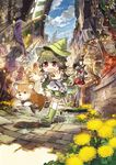  animal_ears armor black_hair blue_sky blush_stickers boots brown_eyes cat_ears cloud day dog fang fantasy flower groundsel hat highres konno_takashi market open_mouth original purple_eyes red_eyes scenery shiba_inu shorts skirt sky smile tail tomato 