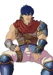  1boy bara blue_eyes blue_hair booty_electric fire_emblem grin headband ike looking_at_viewer male_focus muscle naughty_face sitting solo tagme undressing 