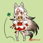  1boy 1girl amaterasu animal_ears artist_request blush breasts bug chibi cleavage dated face_markings face_paint feet issun japanese_clothes long_hair medium_breasts miko multicolored_hair ookami_(game) pendant personification puffy_sleeves skirt smile tail two-tone_hair very_long_hair wolf_ears 