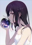  achiki apple black_eyes black_hair camisole chromatic_aberration food from_side fruit gradient gradient_background holding holding_food holding_fruit long_hair looking_to_the_side original profile shadow solo 