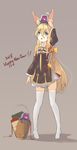 1girl 2018 :o animal_ear_fluff animal_ears arm_at_side arm_up basket black_dress blonde_hair blue_eyes blush box dress fox_ears frills full_body fur-trimmed_sleeves fur_trim g41_(girls_frontline) girls_frontline grey_background hair_between_eyes happy_new_year hatano_kokoro highres implied_pantyshot in_basket long_hair long_sleeves looking_up new_year no_shoes on_head one-eyed open_mouth pigeon-toed poking robot side_slit simple_background standing tareme thighhighs very_long_hair zettai_ryouiki 