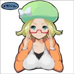  bel_(pokemon) beret blonde_hair blush breast_mousepad breasts collarbone commentary_request flipped_hair glasses green_eyes green_hat hat lowres medium_breasts medium_hair megane_chuu mousepad pokemon pokemon_(game) pokemon_bw2 solo 