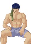  1boy abs bara blue_eyes blue_hair booty_electric bulge crotch fire_emblem grin headband ike looking_at_viewer male_focus muscle naughty_face nipples pecs sitting solo tagme topless underwear undressing 