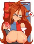  &gt;:d 1girl android_21 blue_eyes breasts breasts_outside dejaguar dragon_ball dragon_ball_fighterz glasses heart large_breasts looking_at_viewer nail_polish nipples no_bra red_hair smile solo upper_body valentine 