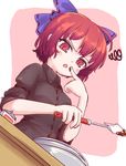  :o bangs black_shirt blush bow bowl chocolate_on_fingers dutch_angle eyebrows_visible_through_hair finger_to_mouth hair_bow isu_(is88) looking_down open_mouth pink_background purple_bow red_eyes red_hair ribbon-trimmed_bow sekibanki shirt short_hair simple_background sleeves_past_elbows sleeves_pushed_up solo spatula table touhou upper_body v-shaped_eyebrows 