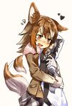  afterimage animal_ears aranagi_(arng_4401) blush dakimakura_(object) eyebrows_visible_through_hair fang fur_collar gloves grey_wolf_(kemono_friends) heart highres italian_wolf_(kemono_friends) kemono_friends multicolored_hair object_hug open_mouth pillow plaid plaid_skirt pleated_skirt skirt solo tail tail_wagging wolf_ears wolf_girl wolf_tail 