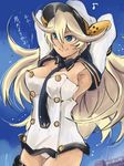  armpits arms_up azur_lane bangs belt belt_buckle black_belt blonde_hair blue_eyes blue_neckwear blue_sky breasts buckle buttons cleavage closed_mouth day dress eighth_note eyebrows eyebrows_visible_through_hair hair_between_eyes hat highres legs_together lips long_hair long_sleeves looking_away medium_breasts microdress mishiro_shinza motion_lines musical_note necktie no_bra outdoors panties peaked_cap pink_lips sky smile solo strapless strapless_dress tennessee_(azur_lane) thigh_strap translation_request twitter_username underwear white_dress white_hat white_panties 
