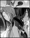  2girls black_border blush border bow breasts comic commentary_request eyepatch fate/grand_order fate_(series) gorgon_(fate) greyscale hair_bow hair_over_one_eye large_breasts long_hair looking_at_another mochizuki_chiyome_(fate/grand_order) monochrome multiple_girls nude onsen open_mouth partially_submerged rider scales silent_comic spoken_ellipsis steam syatey wet 