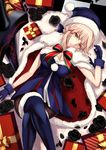  artoria_pendragon_(all) augu_(523764197) black_flower black_legwear blonde_hair blue_dress blue_footwear blue_gloves blue_santa_costume boots box breasts cape cleavage crossed_legs dress eyebrows_visible_through_hair fate/grand_order fate_(series) flower from_above fur_trim gift gift_box gloves hat head_tilt lying medium_breasts on_back pantyhose pleated_dress santa_alter santa_costume santa_hat short_dress sidelocks solo strapless strapless_dress thigh_boots thighhighs tied_hair yellow_eyes 