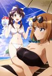  :d absurdres alternate_hairstyle artist_request ass_visible_through_thighs bandeau bangs bare_shoulders beach beach_chair beach_umbrella bikini black_bikini blue_eyes blunt_bangs blush bow brave_witches breasts brown_eyes brown_hair cleavage collarbone day eyewear_on_head groin gundula_rall hair_bow highres horizon karibuchi_takami large_breasts long_hair lying mc_axis medium_breasts multiple_girls ocean official_art on_back open_mouth orange_hair ponytail satou_michio scan shaved_ice shiny shiny_hair shiny_skin short_hair sky smile sunglasses swimsuit thigh_gap tree umbrella water white_bikini world_witches_series 