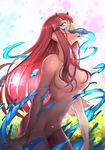  aqua_eyes areolae bangs breasts darling_in_the_franxx eyebrows_visible_through_hair fish fish_in_mouth horns long_hair medium_breasts nipples nude pink_hair rejun solo splashing standing straight_hair water zero_two_(darling_in_the_franxx) 