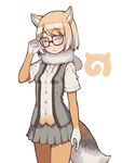  adjusting_eyewear animal_ears arm_at_side bangs black-framed_eyewear blonde_hair blush breasts cowboy_shot elbow_gloves expressionless eyebrows_visible_through_hair glasses gloves gradient_hair green_eyes grey_skirt grey_vest japari_symbol kemono_friends kugi_ta_hori_taira looking_at_viewer miniskirt multicolored_hair necktie open_clothes open_vest orange_legwear pantyhose pleated_skirt shirt short_hair short_sleeves simple_background skirt small_breasts solo standing swept_bangs tail tibetan_sand_fox_(kemono_friends) vest white_background white_hair white_neckwear white_shirt 