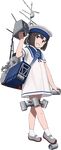  bag black_hair blue_eyes blue_sailor_collar daitou_(kantai_collection) depth_charge depth_charge_projector dress full_body grin hand_up hat kantai_collection looking_at_viewer mary_janes official_art rigging sailor_collar sailor_dress sailor_hat shibafu_(glock23) shoes short_ponytail shoulder_bag smile solo transparent_background turret white_legwear 