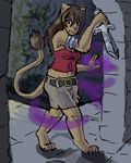  4_toes 5_fingers anthro clothed clothing dagger digital_media_(artwork) digitigrade dungeon fantasy feline female fur hair magic mammal manpersonguy melee_weapon mrease racheltheseeker solo standing toes weapon 