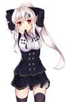  alternate_costume alternate_hairstyle blush eyebrows_visible_through_hair frontera girls_frontline hair_ornament hairclip iws-2000_(girls_frontline) long_hair looking_at_viewer mouth_hold ponytail red_eyes silver_hair simple_background skirt solo thighhighs 