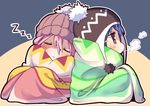  2girls beanie blanket blue_hair blush breath chibi closed_mouth full_body hair_between_eyes hair_ornament hairclip hat kagamihara_nadeshiko leaning_to_the_side multiple_girls outline parted_lips pink_eyes pink_hair profile shima_rin sitting sleeping yurucamp zzz 