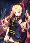  :d absurdres arm_up armpits black_legwear black_leotard blonde_hair blush breasts detached_sleeves earrings ereshkigal_(fate/grand_order) eyebrows_visible_through_hair fate/grand_order fate_(series) floating_hair hair_ribbon highres holding holding_weapon jewelry leotard long_hair looking_at_viewer medium_breasts nanamira_bi night open_mouth outdoors red_eyes red_ribbon ribbon sideboob sitting smile solo thighhighs twintails very_long_hair weapon 