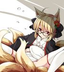  ahoge animal_ears bespectacled black-framed_eyewear blonde_hair blush embarrassed flower fox_ears fox_tail glasses hair_flower hair_ornament highres inari_(sennen_sensou_aigis) japanese_clothes kimono kitsune looking_at_viewer ogami_kazuki red_eyes sennen_sensou_aigis short_hair solo spread_legs tail wavy_mouth 