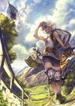  aircraft airship belt bike_shorts blue_eyes cloud day farrah_(granblue_fantasy) granblue_fantasy knee_pads open_mouth outdoors ryouku shield short_hair silver_hair solo sword tree walking weapon 