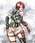  1girl armor artist_request ass ass_grab bare_shoulders breasts brown_hair cameltoe deep_skin feathers fingerless_gloves fingernails forehead_jewel from_behind gloves green_eyes large_breasts long_fingernails long_hair looking_at_viewer pants parted_lips ponytail sharp_fingernails shin_sangoku_musou shiny shiny_hair shiny_skin skin_tight smile solo very_long_hair yue_ying 