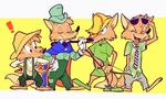  anthro bow_(weapon) brer_fox canine clothed clothing disney eyes_closed eyewear fangs fox group hat honest_john male mammal nick_wilde open_mouth ranged_weapon robin_hood simple_background smile standing sunglasses teeth tongue toony unknown_artist weapon zootopia 
