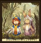  1other :3 animal_ears beret blush_stickers braid branch bunny_ears character_name claws commentary crossover fang framed furry grass hair_flaps hakumei_(hakumei_to_mikochi) hakumei_to_mikochi hat highres long_hair looking_at_another made_in_abyss minigirl nanachi_(made_in_abyss) open_mouth orange_eyes orange_hair outdoors puffy_short_sleeves puffy_sleeves pun short_hair short_sleeves side_braid tabard title_parody tree white_hair xinuo223 yellow_eyes 
