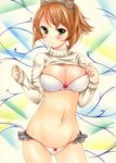  blush bra breasts brown_hair cleavage cowboy_shot frilled_panties frills green_eyes groin headgear highres kantai_collection large_breasts long_sleeves looking_at_viewer marker_(medium) mutsu_(kantai_collection) navel panties rainbow_background smile solo sweater traditional_media turtleneck turtleneck_sweater underwear white_bra yoruoujito-tsukinohime 