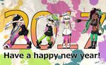  2017 4girls ankle_boots aori_(splatoon) artist_name black_dress black_footwear black_gloves black_hair black_jumpsuit black_shirt black_shorts black_skin boots breasts brown_eyes cleavage closed_mouth commentary_request cousins crop_top crown dark_skin detached_collar domino_mask dress earrings english eyebrows_visible_through_hair fingerless_gloves food food_on_head gloves green_eyes green_legwear grey_hair happy_new_year headwear_removed highlights hime_(splatoon) hotaru_(splatoon) iida_(splatoon) jewelry leaning_forward leaning_to_the_side long_hair looking_at_viewer mask medium_breasts midriff mole mole_under_eye mole_under_mouth multicolored_hair multiple_girls navel new_year object_on_head octarian open_mouth paint_splatter pantyhose pantyhose_under_shorts pointy_ears pose purple_legwear shirt short_dress short_hair short_jumpsuit shorts signature sleeveless sleeveless_dress smile splatoon_(series) splatoon_1 splatoon_2 standing strapless strapless_dress sushi tentacle_hair usa_(dai9c_carnival) white_dress white_footwear white_gloves white_hair zipper_pull_tab 