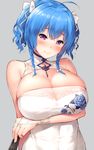  ahoge ashikase azur_lane bad_id bad_pixiv_id bangs bare_shoulders blue_hair blush braid breasts china_dress chinese_clothes cleavage closed_mouth commentary_request covered_navel dress eyebrows_visible_through_hair fan floral_print gloves grey_background hair_ribbon highres holding huge_breasts long_hair looking_at_viewer paper_fan purple_eyes ribbon shiny shiny_hair shiny_skin simple_background smile solo st._louis_(azur_lane) taut_clothes white_dress white_gloves 