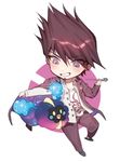  :d black_footwear blush chibi collared_shirt cosmog crossover danganronpa dress_shirt eyebrows_visible_through_hair floating full_body gen_7_pokemon grin holding jacket legendary_pokemon long_sleeves momota_kaito new_danganronpa_v3 open_clothes open_jacket open_mouth outstretched_arm pants pokemon pokemon_(creature) purple_eyes purple_hair purple_jacket purple_pants shiny shiny_hair shirt slippers smile sparkle spiked_hair t-shirt teeth two-tone_background unbuttoned unbuttoned_shirt v-shaped_eyebrows white_shirt wing_collar yellow_eyes zuizi 