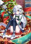  2017 :t ahoge arm_support black_bra black_gloves black_legwear blush box bra breasts brown_eyes capelet christmas_tree cleavage dated elbow_gloves fate/grand_order fate_(series) floating_hair fur_trim gift gift_box gloves highres holding holding_weapon indoors jeanne_d'arc_(fate)_(all) jeanne_d'arc_alter_santa_lily long_hair looking_at_viewer polearm rj_xiii signature silver_hair sitting small_breasts solo sparkle spear thighhighs underwear very_long_hair weapon white_capelet window wrist_cuffs 
