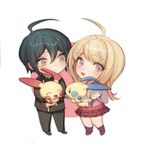  age_difference akamatsu_kaede backpack bag bangs beamed_eighth_notes black_hair black_pants blonde_hair blush brown_eyes chibi closed_mouth crossover danganronpa eighth_note full_body gakuran gen_3_pokemon hair_between_eyes half_note holding holding_pokemon kneehighs long_hair long_sleeves looking_at_viewer miniskirt minun musical_note musical_note_hair_ornament musical_note_print new_danganronpa_v3 open_mouth pants pink_eyes plusle pokemon pokemon_(creature) print_skirt purple_legwear quarter_note saihara_shuuichi school_uniform shiny shiny_hair skirt smile staff_(music) standing striped sweater_vest swept_bangs two-tone_background vertical-striped_pants vertical_stripes whole_note zuizi 