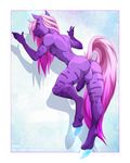  2018 anthro balls blue_eyes butt digital_media_(artwork) equine erection from_behind_(disambiguation) hair hooves horn horse humanoid_penis lapres long_hair looking_at_viewer looking_back male mammal nude panurge_fran&ccedil;ois_betterave penis pink_hair pinup pose purple_penis raised_arm solo unicorn 