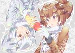  apple bangs brown_coat brown_eyes brown_hair coat eurasian_eagle_owl_(kemono_friends) eyebrows_visible_through_hair food fruit fur_collar gloves grey_coat head_wings kemono_friends long_sleeves looking_at_another multicolored_hair multiple_girls northern_white-faced_owl_(kemono_friends) parted_lips rotational_symmetry short_hair symmetry takano_itsuki upper_body upside-down white_gloves white_hair yellow_eyes yellow_gloves 