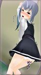  1girl 3d arm_up artist_request belt black_dress black_legwear blue_hair blush brown_eyes dress dutch_angle embarrassed female from_behind gradient_hair grey_hair half-closed_eyes have_to_pee highres kantai_collection kasumi_(kantai_collection) knees_together_feet_apart long_sleeves looking_at_viewer looking_back multicolored_hair open_mouth panties pantyshot pantyshot_(standing) peeing peeing_self pinafore_dress school_uniform shirt side_ponytail sleeveless_dress socks solo standing tears teeth text tied_hair translation_request underwear uniform wet_clothes wet_panties white_panties white_shirt 