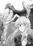  animal_ears black_hair bunny_ears comic cowboy_shot crescent crescent_moon_pin full_moon greyscale hand_on_own_chest hands_in_opposite_sleeves highres houraisan_kaguya japanese_clothes long_hair looking_up mana_(tsurubeji) monochrome moon multiple_girls necktie reisen_udongein_inaba suit_jacket touhou upper_body very_long_hair 