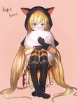  animal_hood bag blonde_hair blue_eyes blush boots character_name copyright_name crossed_ankles garter_straps gloves highres holding holding_bag hood jinichi knees_to_chest legs_together long_hair looking_at_viewer on_floor orange_background sennen_sensou_aigis seven_(sennen_sensou_aigis) simple_background sitting solo striped striped_legwear thighhighs thighs twintails very_long_hair 