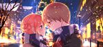  1girl blue_eyes blue_scarf blush brown_hair couple eye_contact from_side gintama gloves hair_between_eyes kagura_(gintama) lens_flare looking_at_another night okita_sougo orange_hair outdoors red_eyes red_gloves road scarf short_hair smile snowflakes snowing street upper_body winter_clothes yamawasabi3 