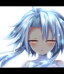  bare_shoulders blue_hair blush commentary_request hair_between_eyes leotard looking_at_viewer neptune_(series) open_mouth portrait power_symbol ray_726 red_eyes short_hair_with_long_locks simple_background solo symbol-shaped_pupils white_background white_heart white_leotard 