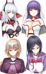  black_hair blonde_hair blue_eyes borushichi breasts breasts_apart brown_eyes carmilla_(fate/grand_order) chain cleavage collarbone detached_sleeves eyebrows_visible_through_hair fate/grand_order fate_(series) hair_between_eyes hair_ribbon highres jeanne_d'arc_(fate) jeanne_d'arc_(fate)_(all) large_breasts leaning_forward long_hair looking_at_viewer midriff minamoto_no_raikou_(fate/grand_order) multiple_girls ponytail purple_hair ribbon saint_martha silver_hair simple_background sketch smile stomach supportasse upper_body white_background white_ribbon 